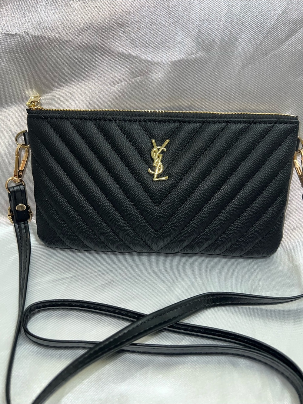 Inspired Black Quilted Chevron Leather Crossbody with Gold Hardware